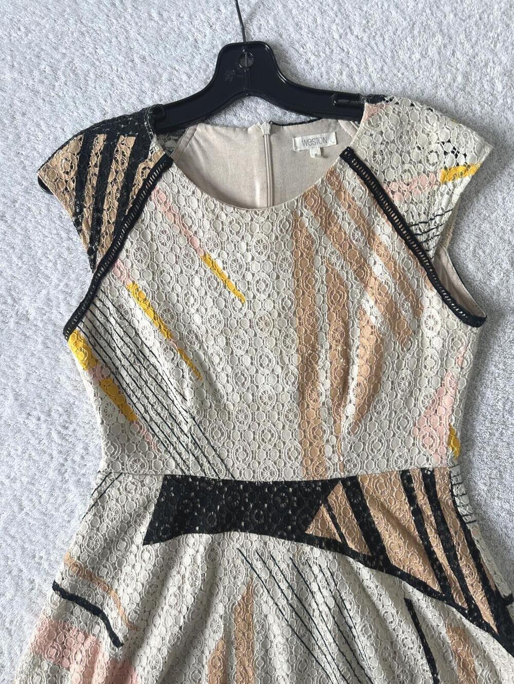 Anthropologie Weston Weston Lace Fit & Flare Dress Geometric Print Cap Sleeve- M - Picture 4 of 10